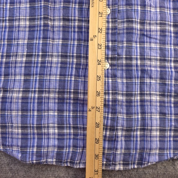 Ralph Lauren Shirt XL Blue Plaid 100% Linen Short Sleeve Button Down Pony - Picture 5 of 8